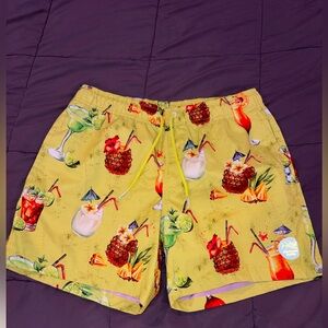 Men's Tropical Cocktail Yellow Swim Trunks with Drawstring Size Small